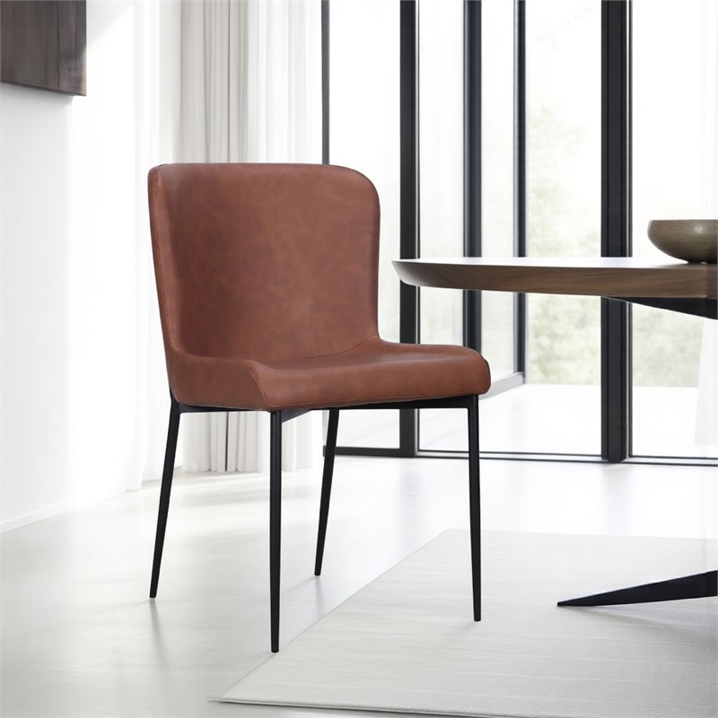 Woxy Set of 2 Dining Chair Cognac Brown Faux Leather- Black Metal Legs