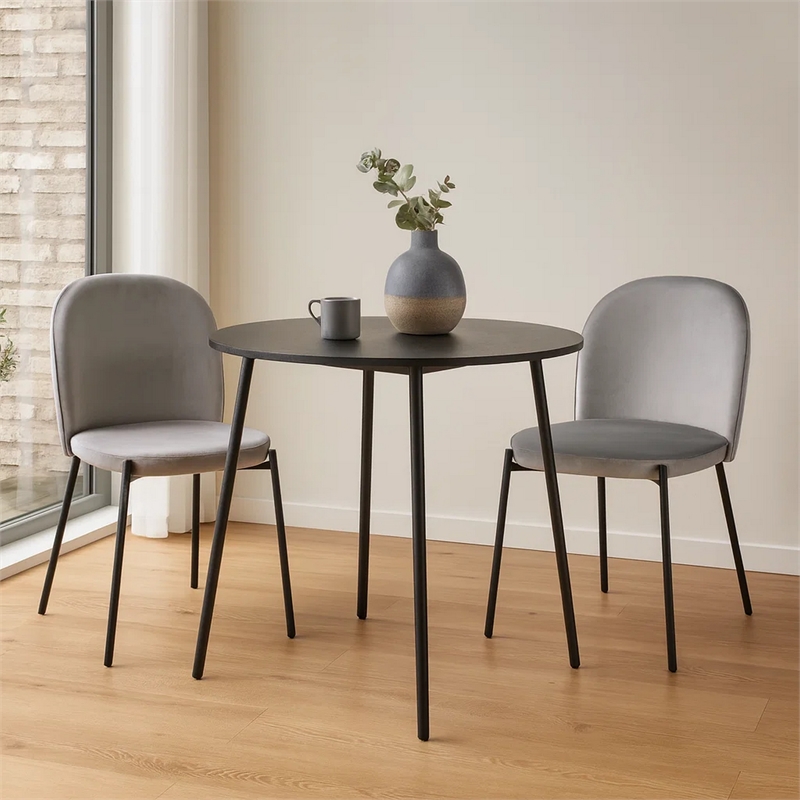 Dining Chair Set of 2- Classic Gray Fabric with Sleek Black Metal Legs