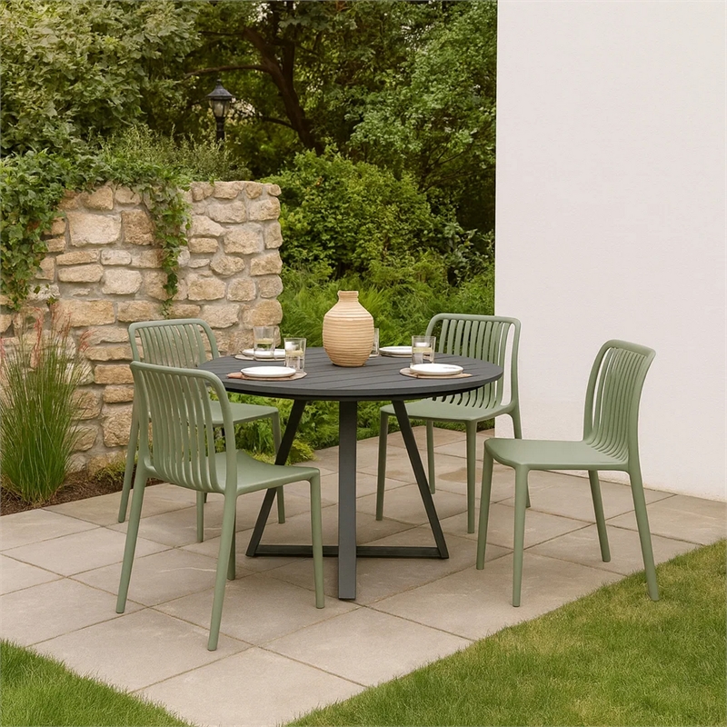 Womu Outdoor Side Chair Set of 4- Moss Green Finish- Slatted Backrest
