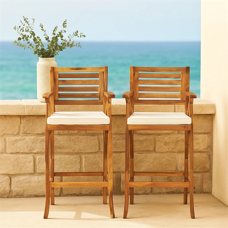 Olen Outdoor Barstool Chair Set of 2- Beige Polyester Brown Solid Wood