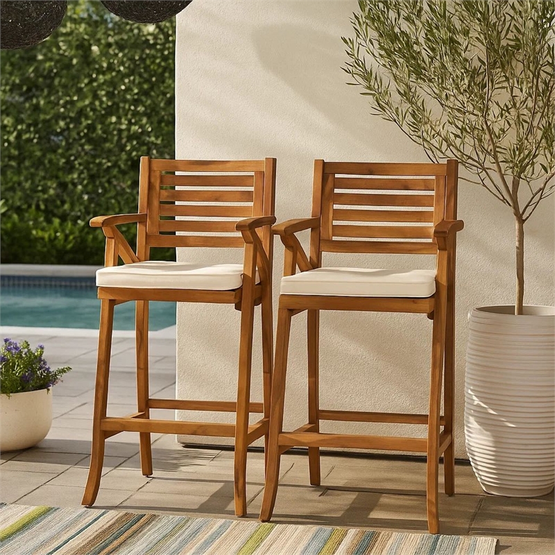 Olen Outdoor Barstool Chair Set of 2- Beige Polyester Brown Solid Wood