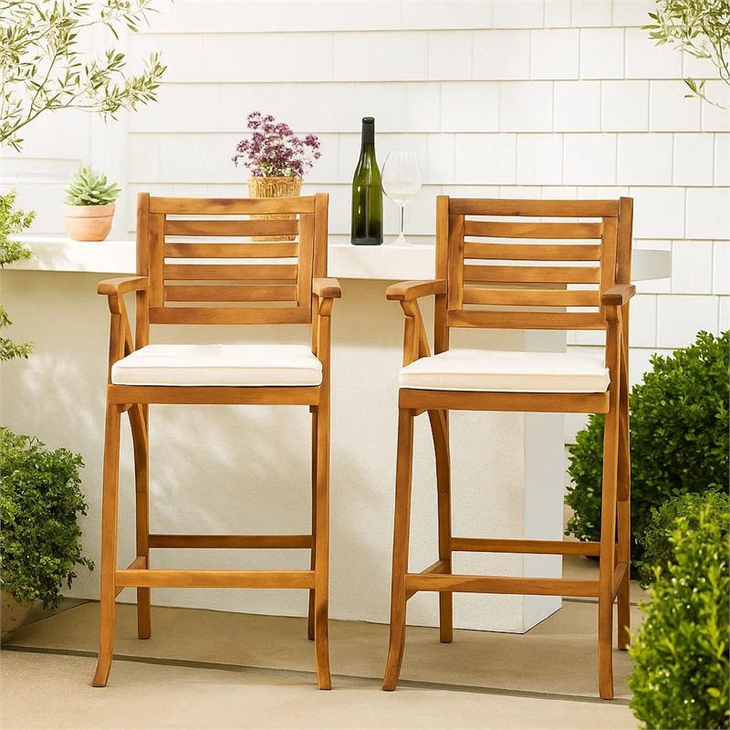 Olen Outdoor Barstool Chair Set of 2- Beige Polyester Brown Solid Wood