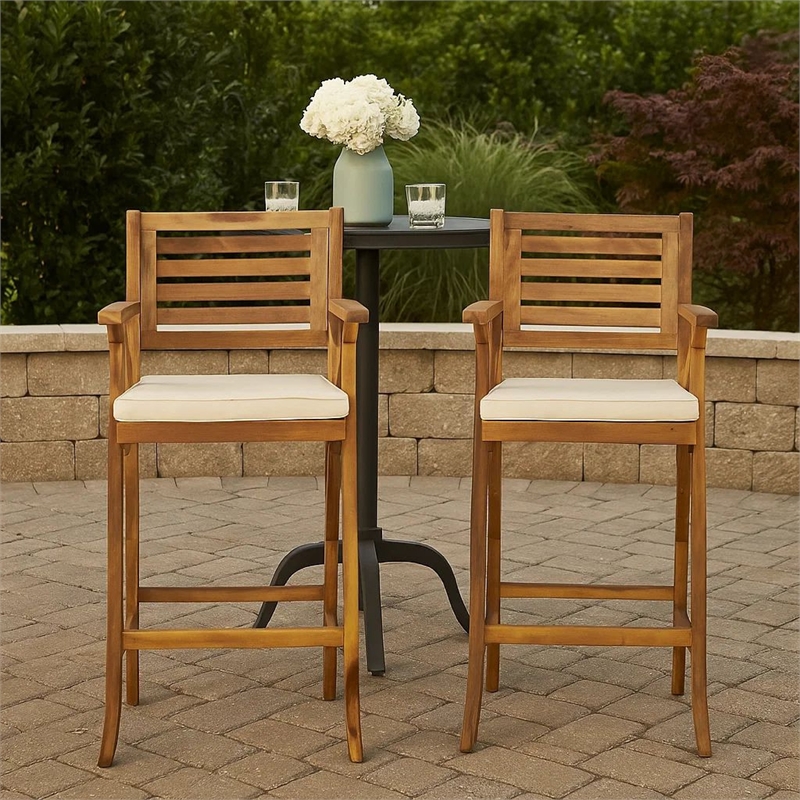 Olen Outdoor Barstool Chair Set of 2- Beige Polyester Brown Solid Wood