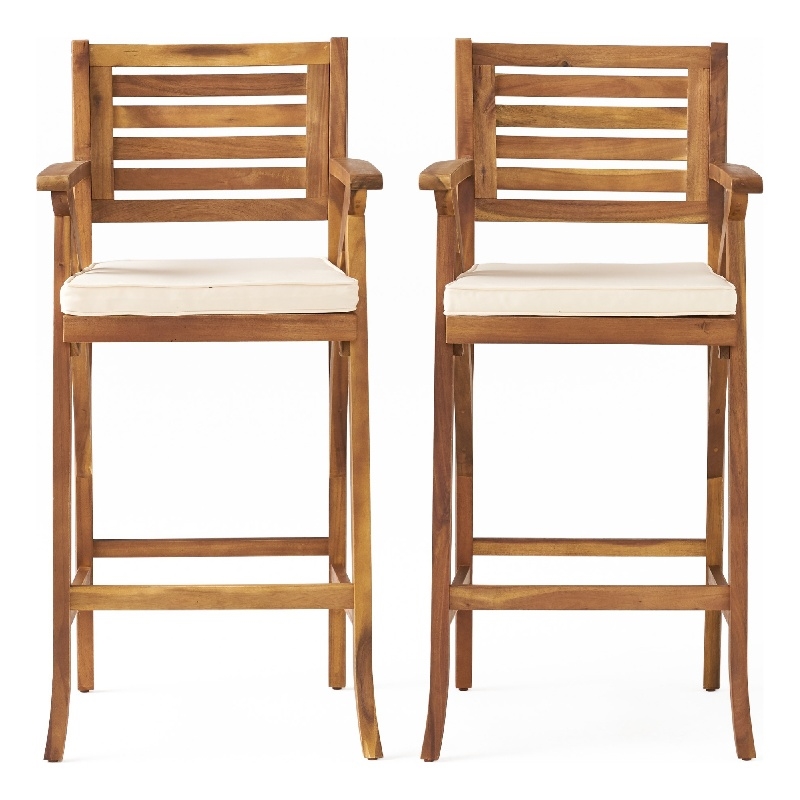 Olen Outdoor Barstool Chair Set of 2- Beige Polyester Brown Solid Wood