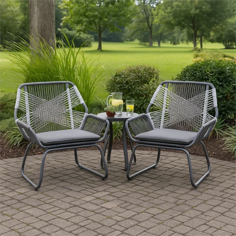 Meny Outdoor Club Chair Set of 2- White Rattan Woven- Matte Gray Metal