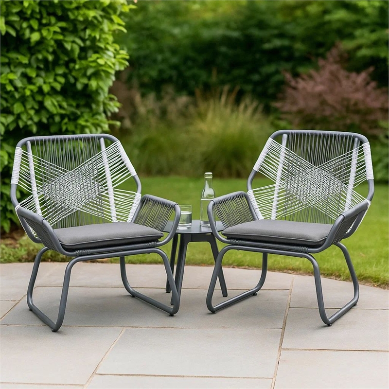 Meny Outdoor Club Chair Set of 2- White Rattan Woven- Matte Gray Metal