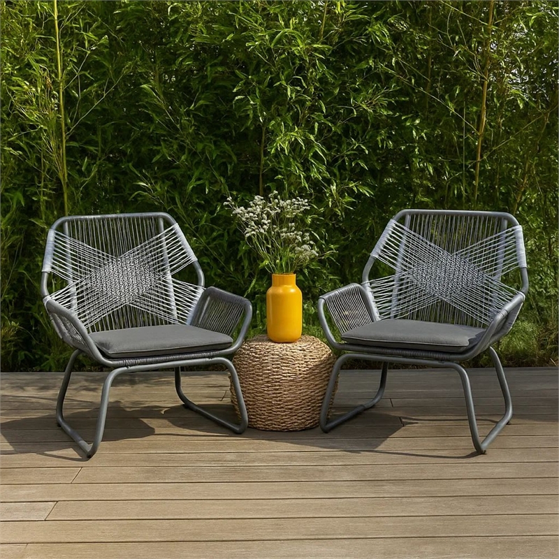 Meny Outdoor Club Chair Set of 2- White Rattan Woven- Matte Gray Metal