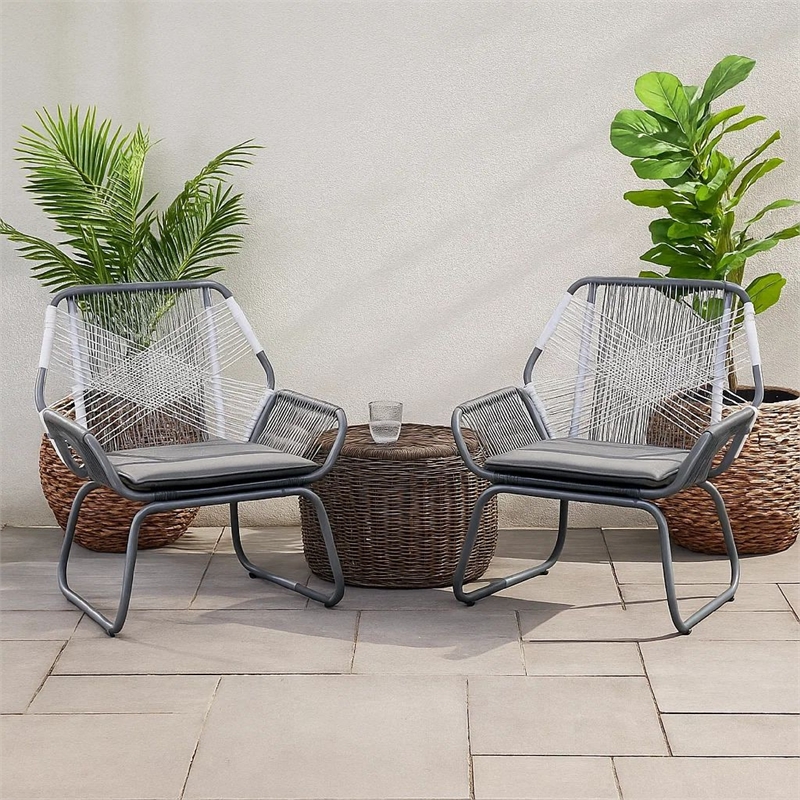 Meny Outdoor Club Chair Set of 2- White Rattan Woven- Matte Gray Metal