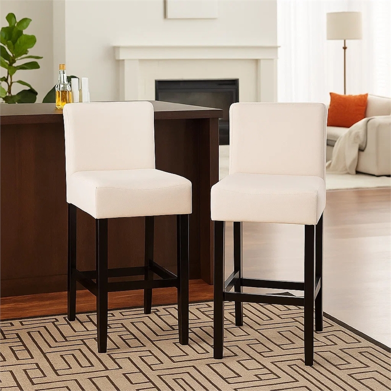 Kovey Counter Stool Chair Set of 2- Metal Kickplate- Beige Polyester