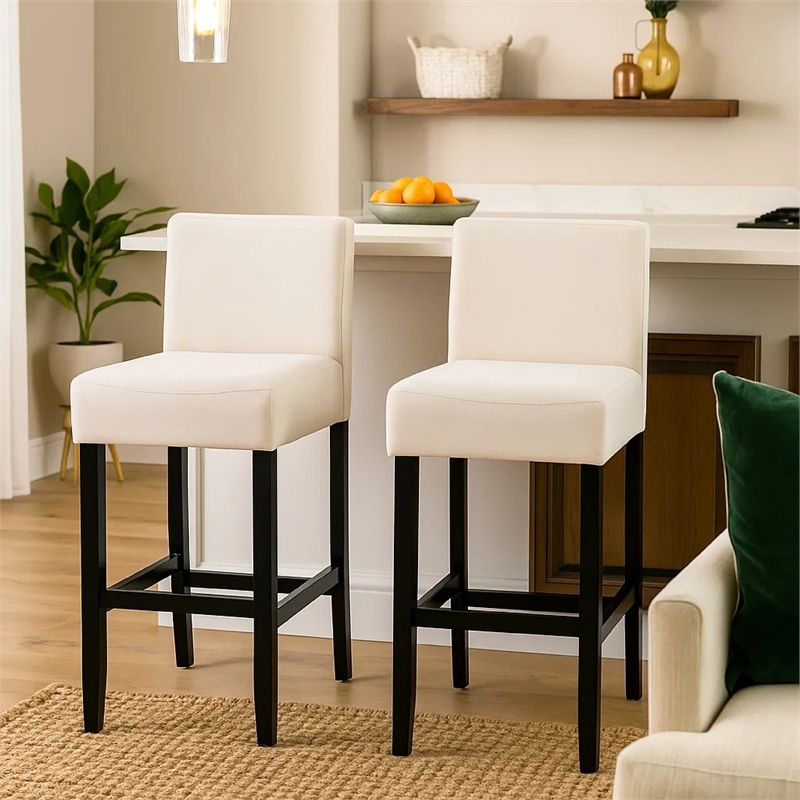 Kovey Counter Stool Chair Set of 2- Metal Kickplate- Beige Polyester