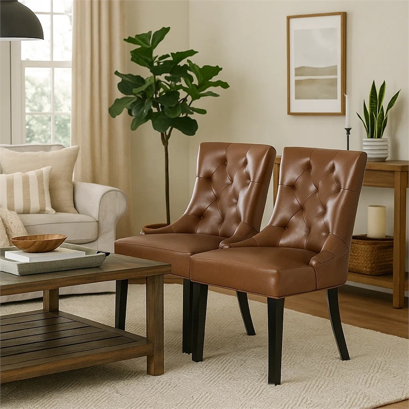 Chen Dining Chair Set of 2- Diamond Tufted Back- Brown Faux Leather