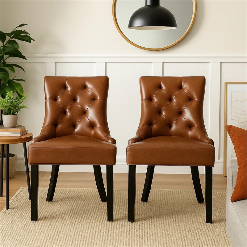 Chen Dining Chair Set of 2- Diamond Tufted Back- Brown Faux Leather