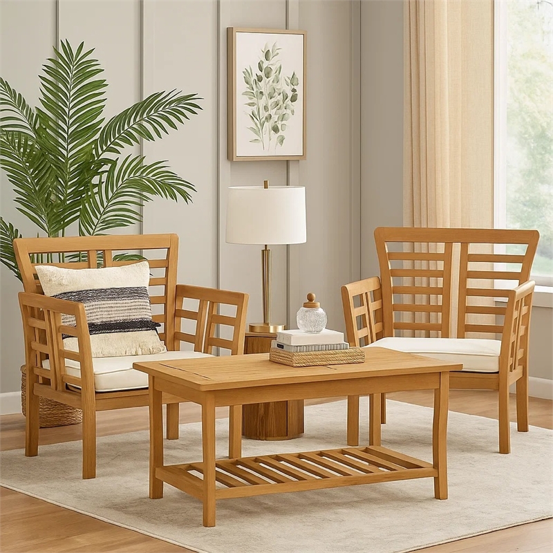 3pc Outdoor Club Chair Set w Coffee Table- Brown Wood Slatted Design