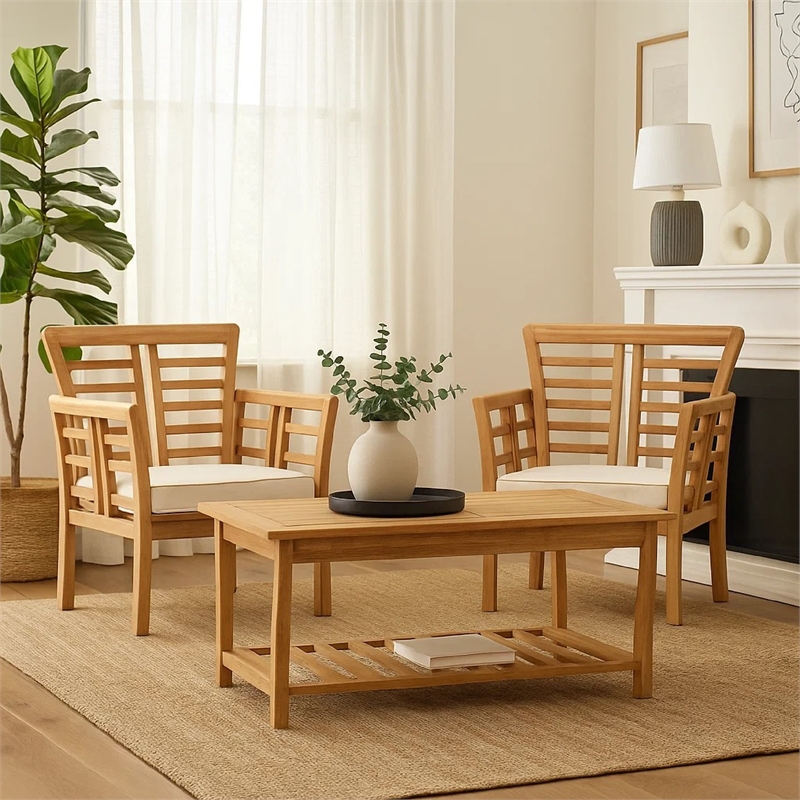 3pc Outdoor Club Chair Set w Coffee Table- Brown Wood Slatted Design