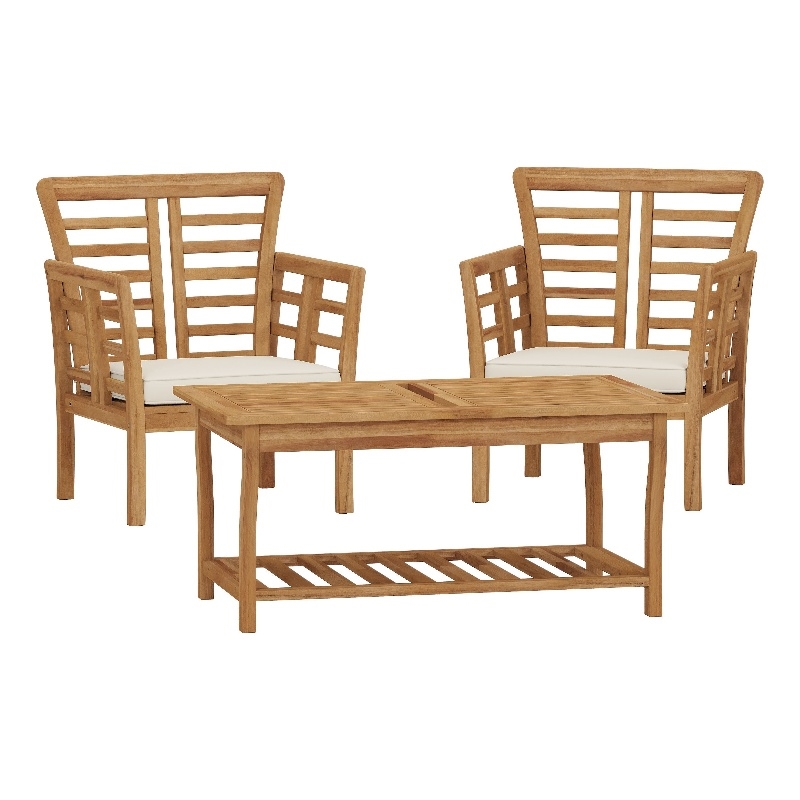 3pc Outdoor Club Chair Set w Coffee Table- Brown Wood Slatted Design