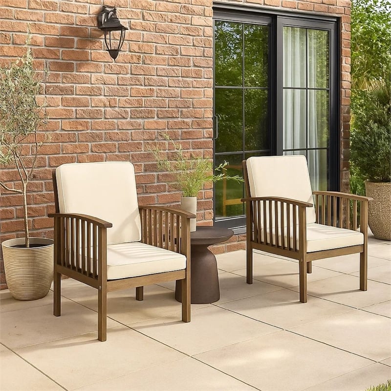Gerry Outdoor Club Chair Set of 2- Cream Cushions- Slatted Dark Brown