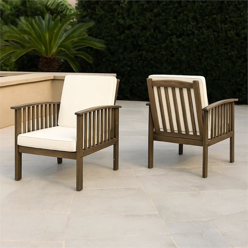 Gerry Outdoor Club Chair Set of 2- Cream Cushions- Slatted Dark Brown