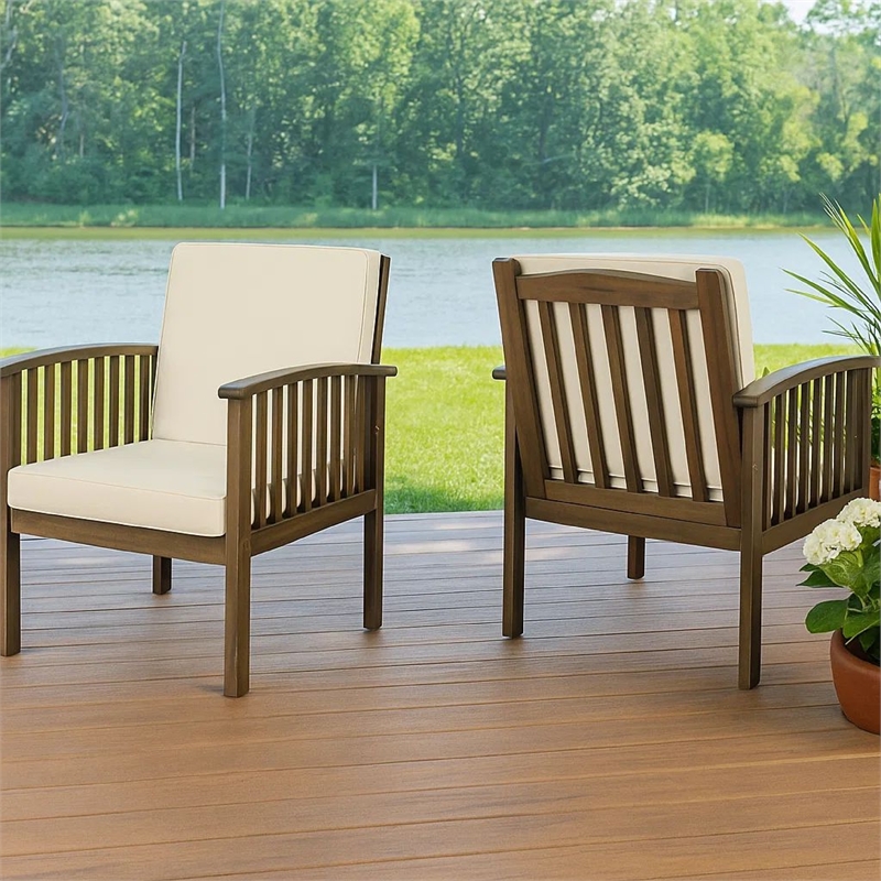 Gerry Outdoor Club Chair Set of 2- Cream Cushions- Slatted Dark Brown