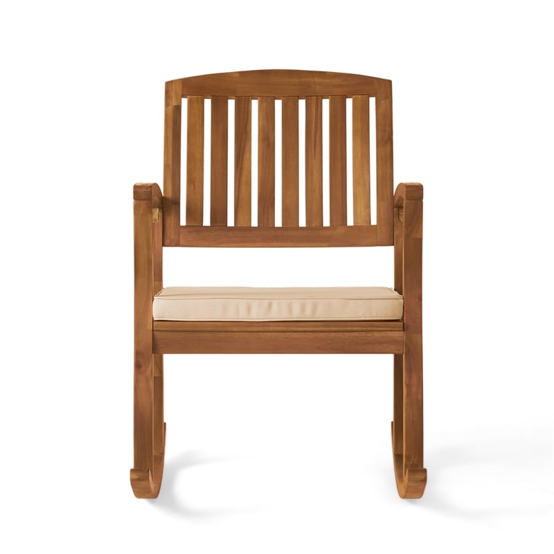 Bang Outdoor Rocking Chair w Cushion- Slatted Back- Brown Acacia Wood