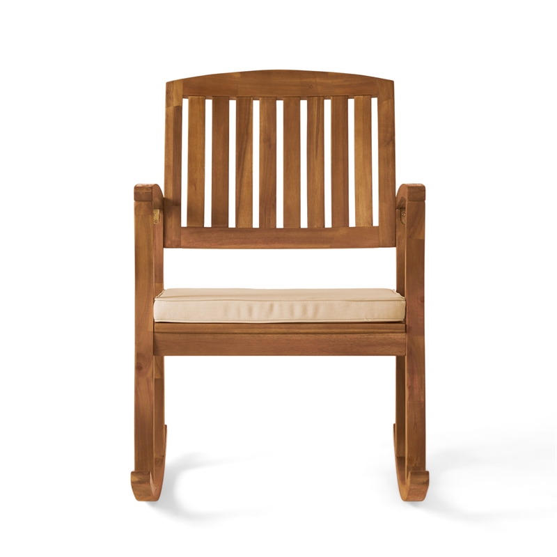 Bang Outdoor Rocking Chair w Cushion- Slatted Back- Brown Acacia Wood