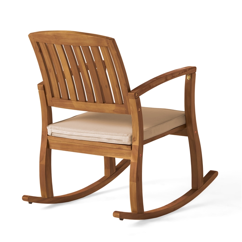 Bang Outdoor Rocking Chair w Cushion- Slatted Back- Brown Acacia Wood