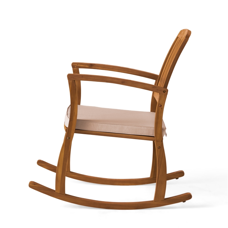 Bang Outdoor Rocking Chair w Cushion- Slatted Back- Brown Acacia Wood