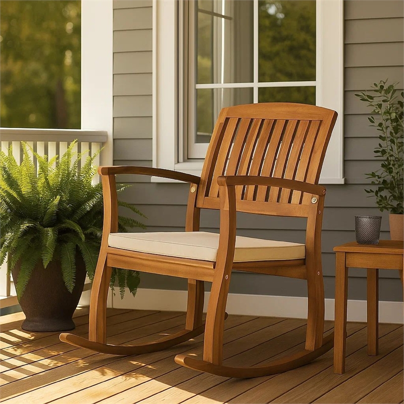 Bang Outdoor Rocking Chair w Cushion- Slatted Back- Brown Acacia Wood