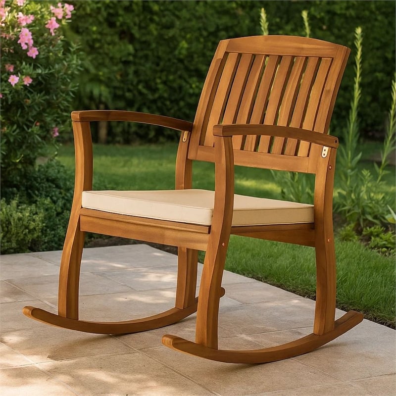 Bang Outdoor Rocking Chair w Cushion- Slatted Back- Brown Acacia Wood