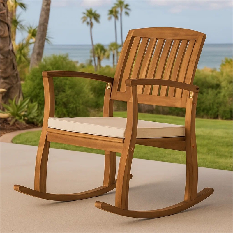 Bang Outdoor Rocking Chair w Cushion- Slatted Back- Brown Acacia Wood