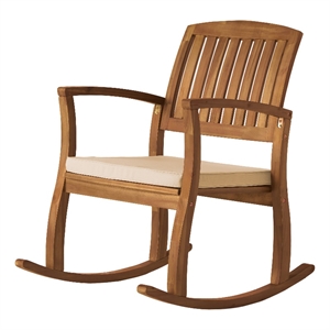 Bang Outdoor Rocking Chair w Cushion- Slatted Back- Brown Acacia Wood