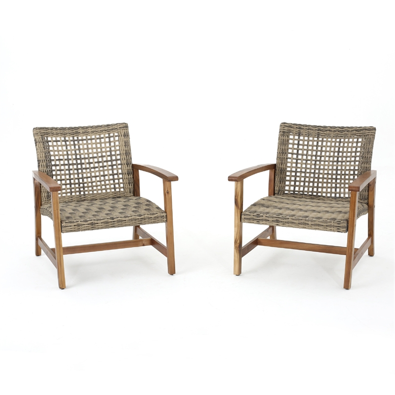 Bops Outdoor Accent Club Chair Set of 2- Brown Acacia Wood Gray Wicker