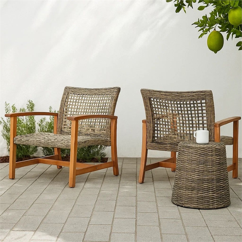 Bops Outdoor Accent Club Chair Set of 2- Brown Acacia Wood Gray Wicker