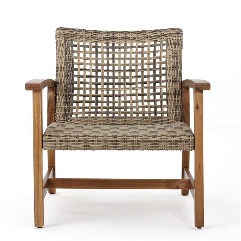 Bops Outdoor Accent Club Chair Set of 2- Brown Acacia Wood Gray Wicker