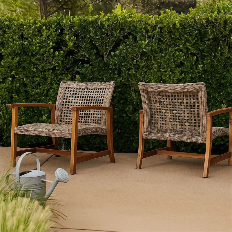 Bops Outdoor Accent Club Chair Set of 2- Brown Acacia Wood Gray Wicker