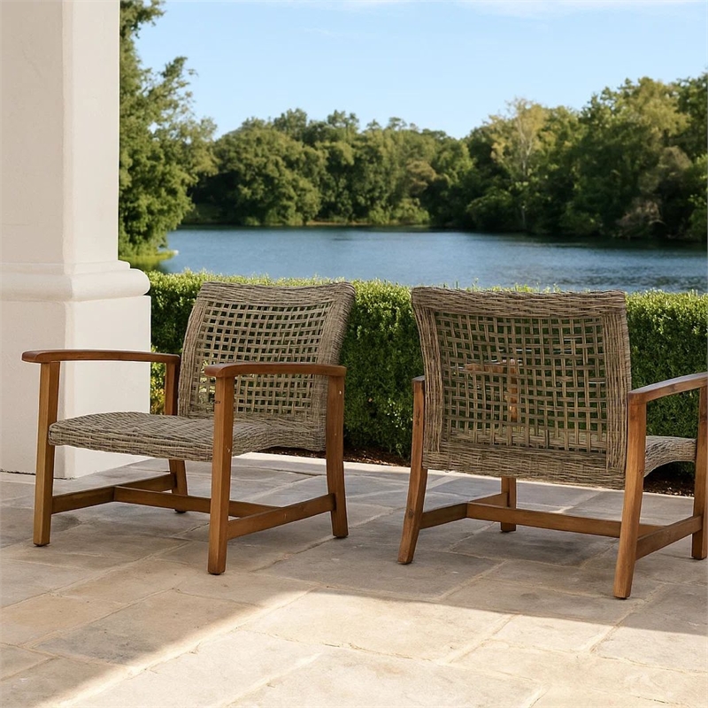 Bops Outdoor Accent Club Chair Set of 2- Brown Acacia Wood Gray Wicker