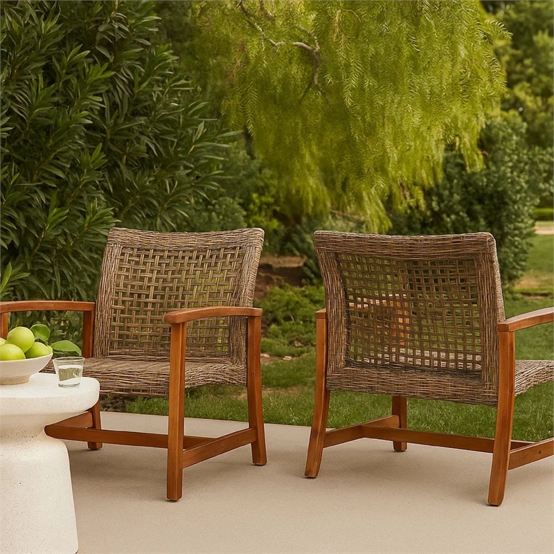 Bops Outdoor Accent Club Chair Set of 2- Brown Acacia Wood Gray Wicker