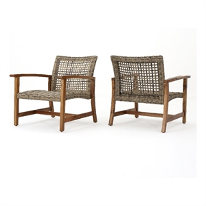 Bops Outdoor Accent Club Chair Set of 2- Brown Acacia Wood Gray Wicker