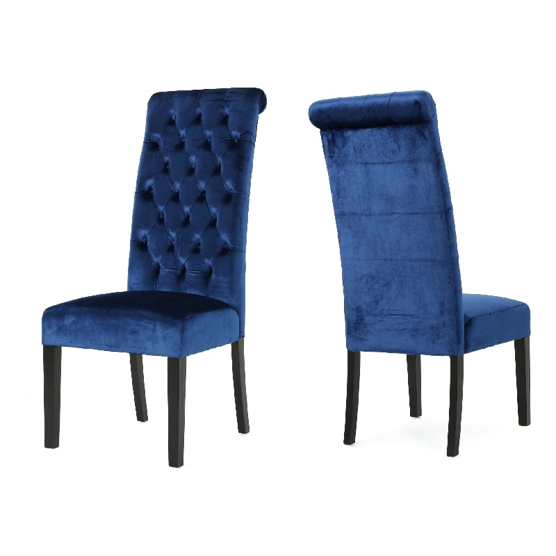Marie Dining Chair Set of 2- Birch Wood- High Back Navy Blue Velvet