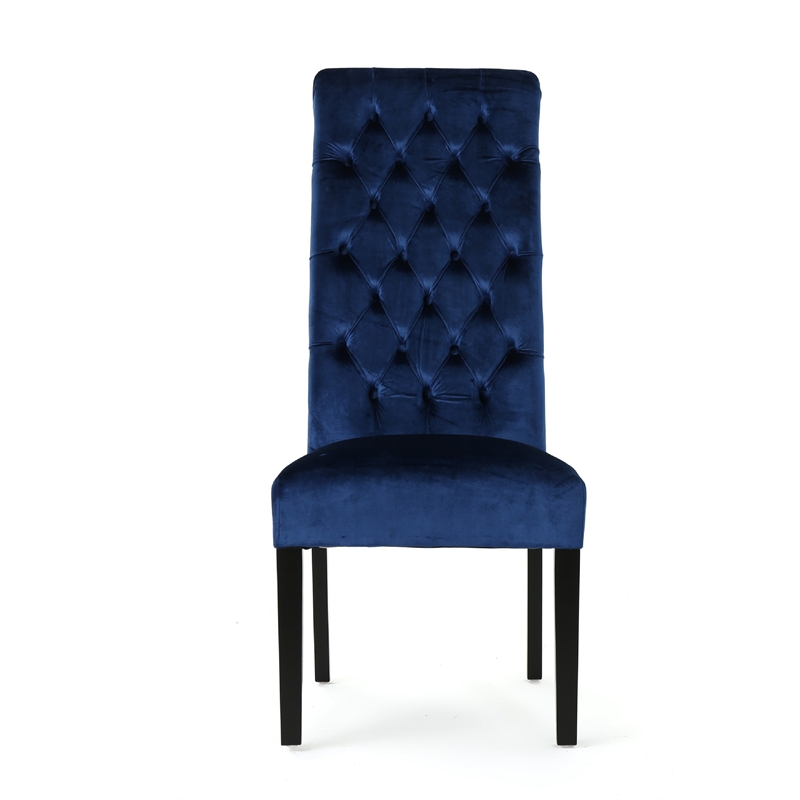 Marie Dining Chair Set of 2- Birch Wood- High Back Navy Blue Velvet