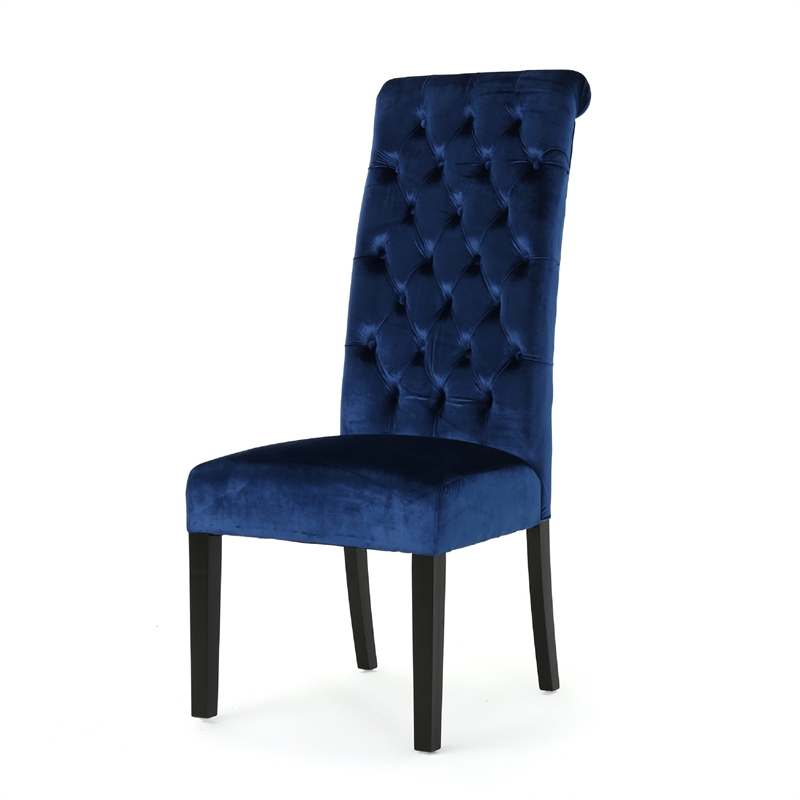 Marie Dining Chair Set of 2- Birch Wood- High Back Navy Blue Velvet