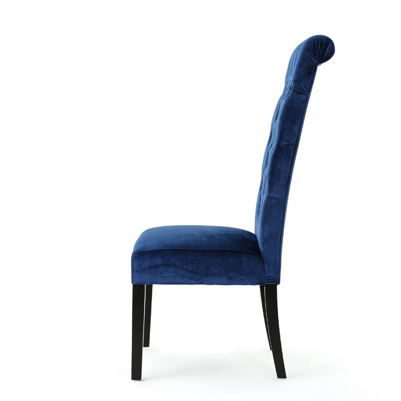 Marie Dining Chair Set of 2- Birch Wood- High Back Navy Blue Velvet