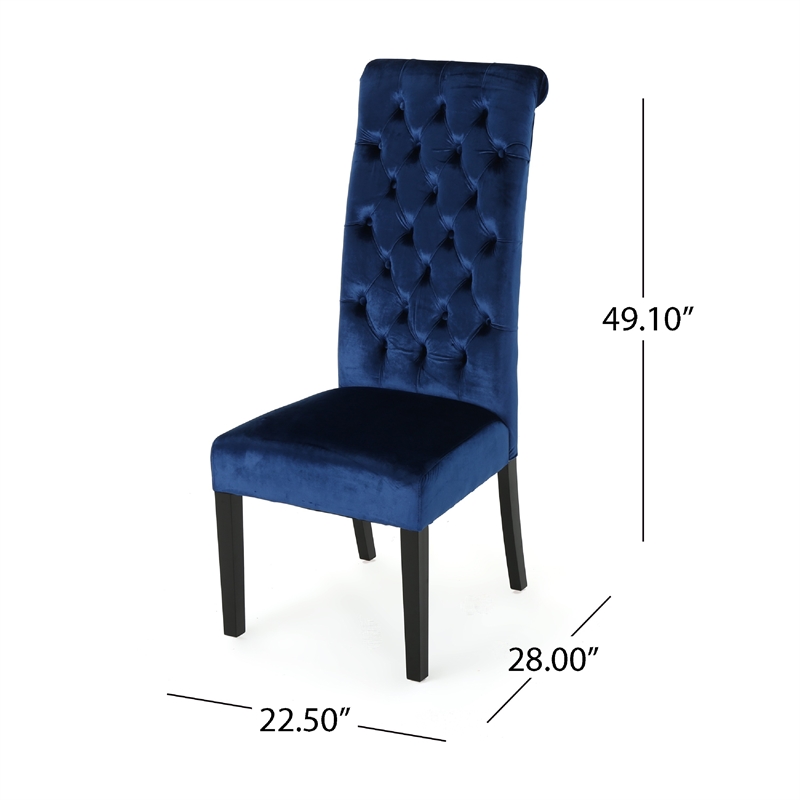 Marie Dining Chair Set of 2- Birch Wood- High Back Navy Blue Velvet
