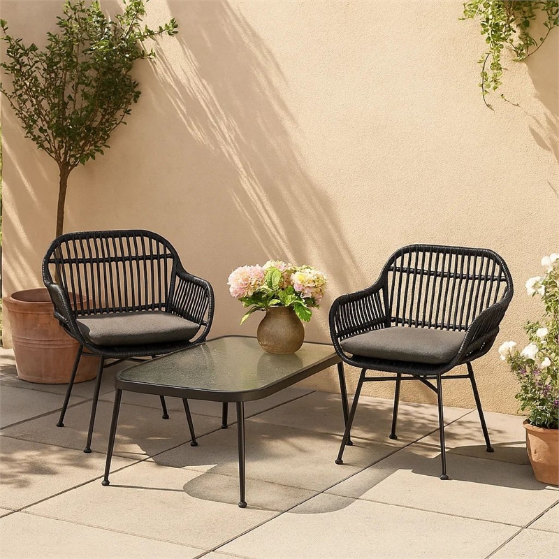 Tee Outdoor Conversation Chair Set of 2- Gray Rattan- Black Metal