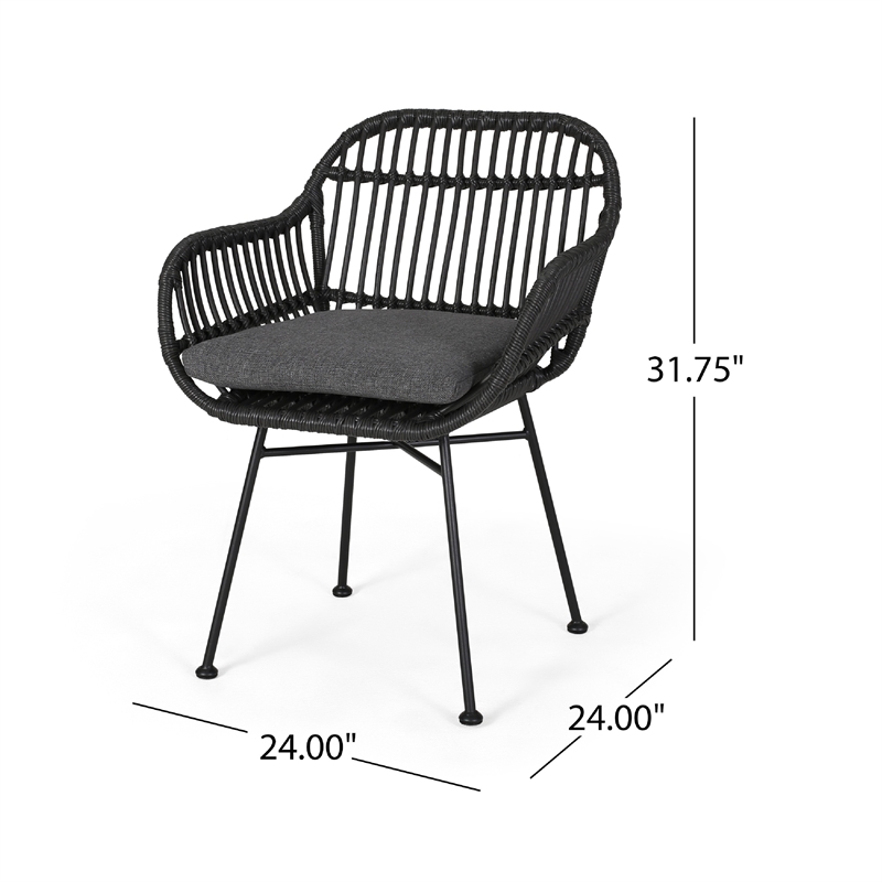 Tee Outdoor Conversation Chair Set of 2- Gray Rattan- Black Metal