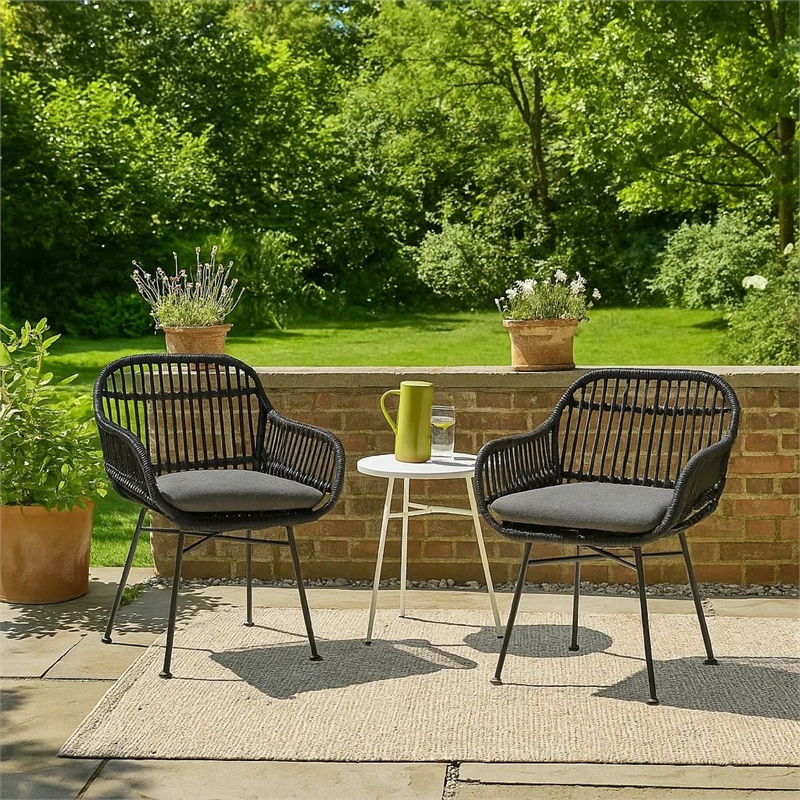 Tee Outdoor Conversation Chair Set of 2- Gray Rattan- Black Metal