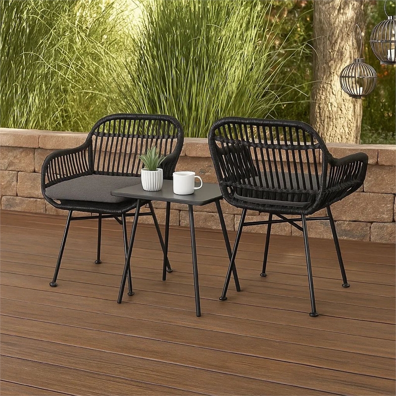 Tee Outdoor Conversation Chair Set of 2- Gray Rattan- Black Metal