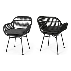 Tee Outdoor Conversation Chair Set of 2- Gray Rattan- Black Metal