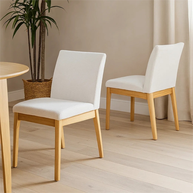 Dining Chair Set of 2- Brown Wood Frame- Light Beige Padded Fabric