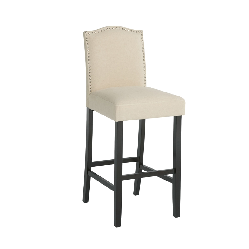 Marky Barstool Chair Set of 2- Arched Back and Footrest- Beige Fabric