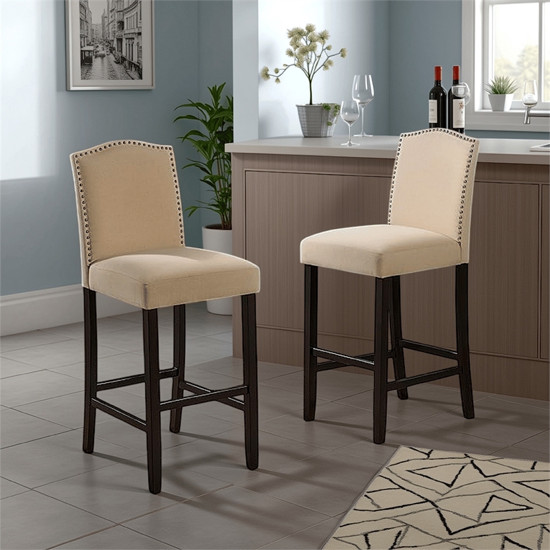 Marky Barstool Chair Set of 2- Arched Back and Footrest- Beige Fabric